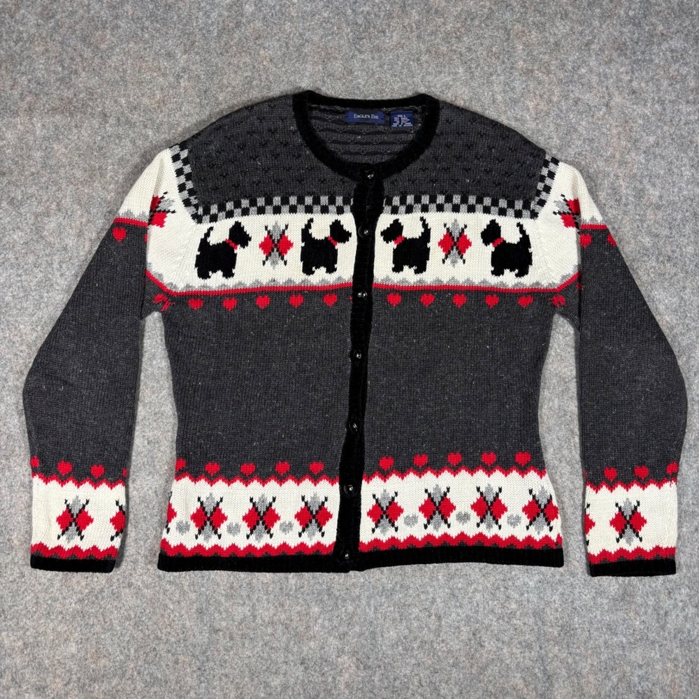 Eagle's Eye Cardigan Women L Grey Scottie Terrier Dog Heart Vintage Sweater